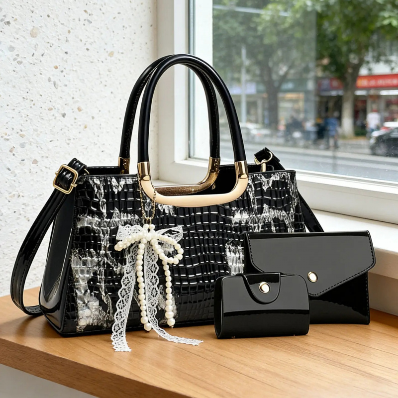 Clutch Bag Evening - Kadın Çanta Seti, Timsah Desenli Gece